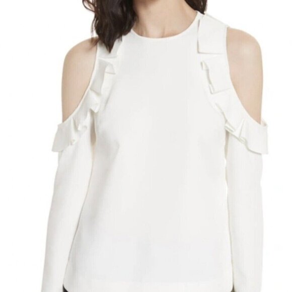 BNWT TED BAKER STEFFE IVORY COLD SHOULDER RUFFLE TOP IN CREAM - Picture 1 of 16